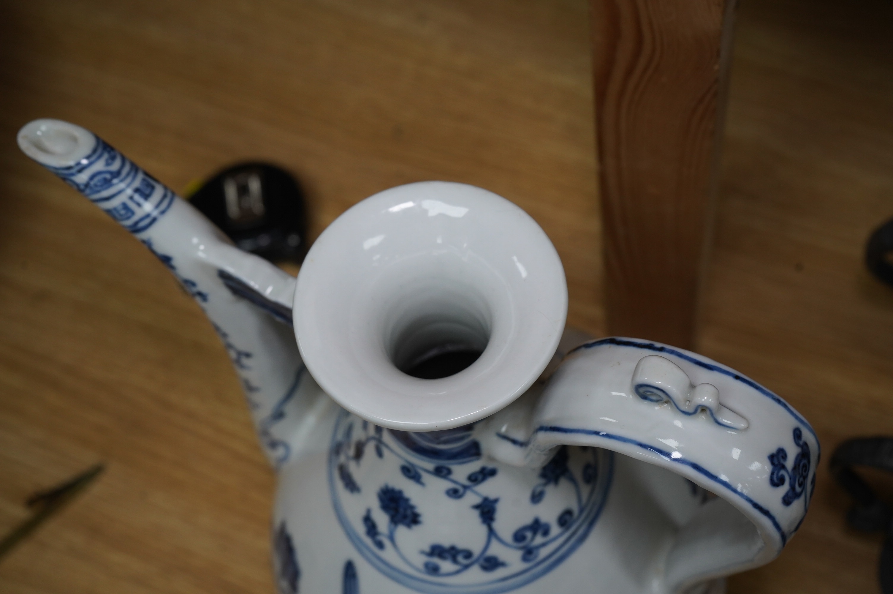 A large Chinese blue and white porcelain ewer, 31cm high. Condition - good
